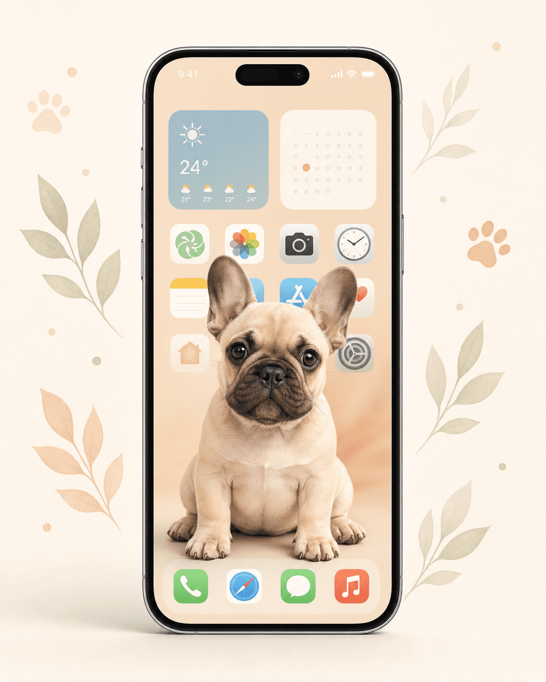 Poekito launcher home screen overlay with a French Bulldog