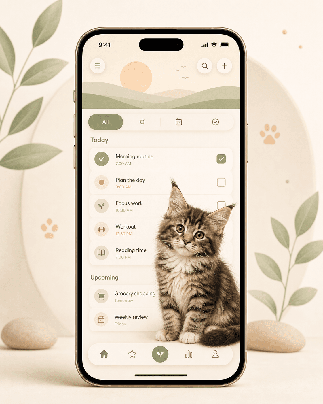 Task app with a Maine Coon kitten overlay